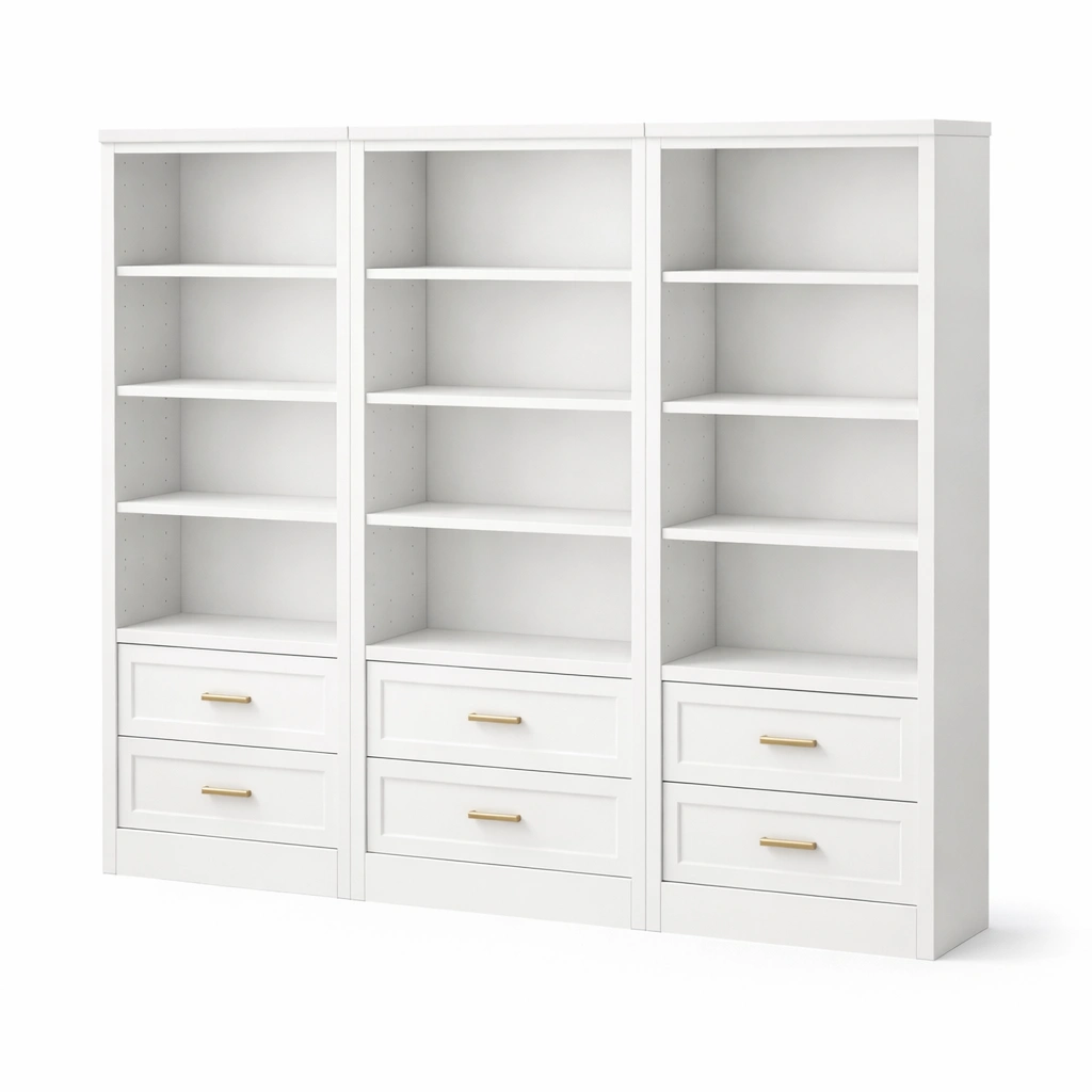 Libreria modular blanca con estantes amplios y cajones inferiores-cozanoe